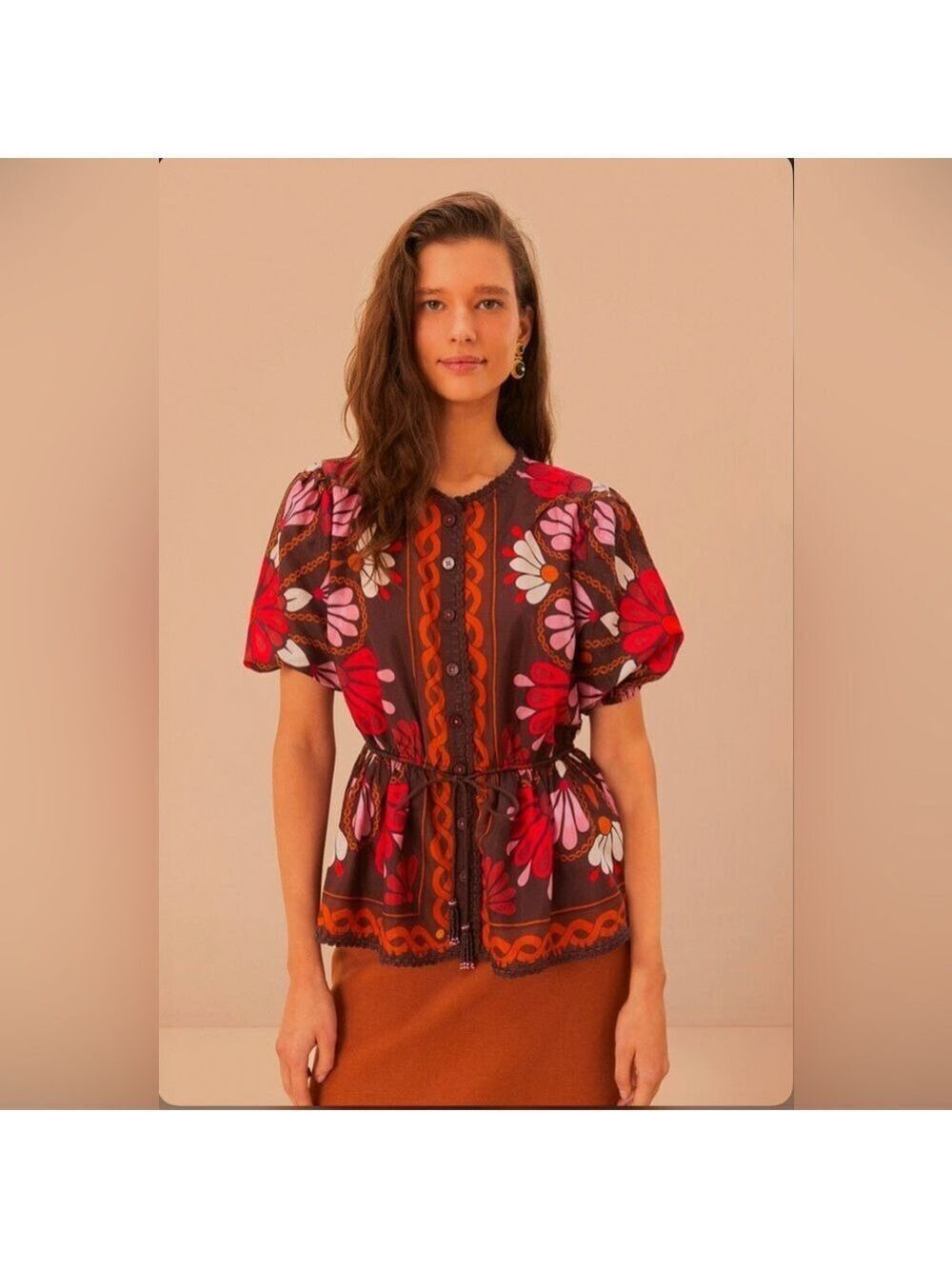 Farm Rio Miranda Brown Short Sleeve Blouse